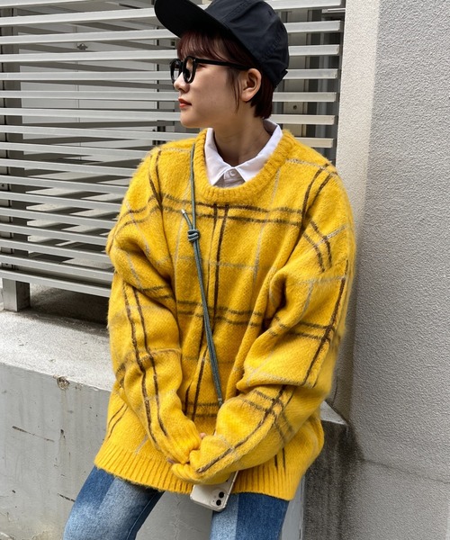 CPCM(シーピーシーエム)の「モヘアタッチチェック柄クルーニット(ニット/セーター・メンズ・マスタード/グリーン/パープル・MEDIUM/LARGE)」の12枚目の写真