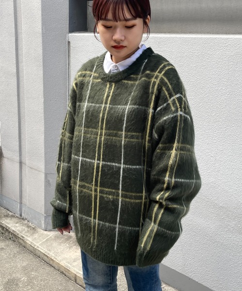 CPCM(シーピーシーエム)の「モヘアタッチチェック柄クルーニット(ニット/セーター・メンズ・マスタード/グリーン/パープル・MEDIUM/LARGE)」の21枚目の写真