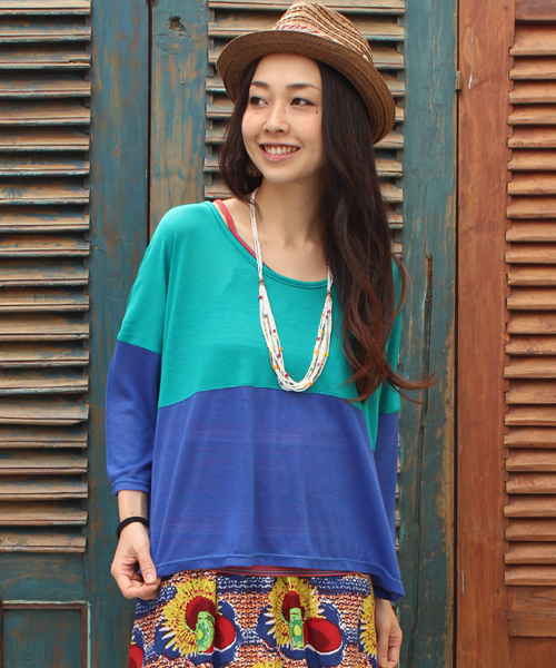 チャイハネ（チャイハネ）の「【チャイハネ】ティオン バイカラートップ（Tシャツ/カットソー・レディース・ターコイズブルー/レッド/グレー・FREE）」の3枚目の写真