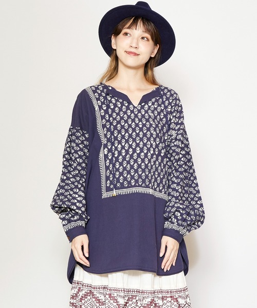 チャイハネ（チャイハネ）の「【チャイハネ】ブロックプリントトップス（その他トップス・レディース・ホワイト/ベージュ/ネイビー・FREE）」の3枚目の写真