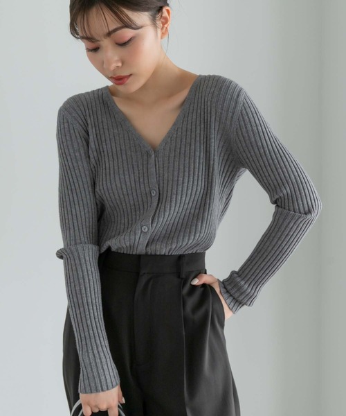 Edit Sheen(エディットシーン)の「リブVネックカーディガン(カーディガン/ボレロ・レディース・ネイビー/グレー/モカ・M)」の2枚目の写真