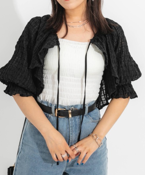 nemne store（ネンネストア）の「3wayシャーリングリボンボレロ（カーディガン/ボレロ・レディース・ブラック/オフホワイト/グリーン・フリー）」の14枚目の写真