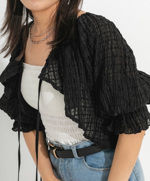 nemne store（ネンネストア）の「3wayシャーリングリボンボレロ（カーディガン/ボレロ・レディース・ブラック/オフホワイト/グリーン・フリー）」の15枚目の写真