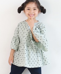 キッズ ドット袖フリルウエスト切り替え5分袖トップス