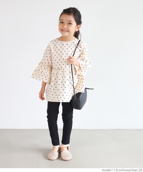 coca（coca）（コカ）の「キッズ ドット袖フリルウエスト切り替え5分袖トップス（シャツ/ブラウス・キッズ・ライトグリーン/アイボリー・100/110/120/130）」の4枚目の写真