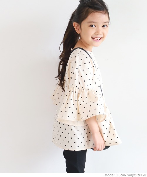coca（coca）（コカ）の「キッズ ドット袖フリルウエスト切り替え5分袖トップス（シャツ/ブラウス・キッズ・ライトグリーン/アイボリー・100/110/120/130）」の5枚目の写真