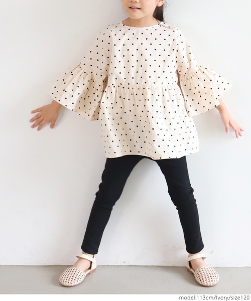 coca（coca）（コカ）の「キッズ ドット袖フリルウエスト切り替え5分袖トップス（シャツ/ブラウス・キッズ・ライトグリーン/アイボリー・100/110/120/130）」の8枚目の写真