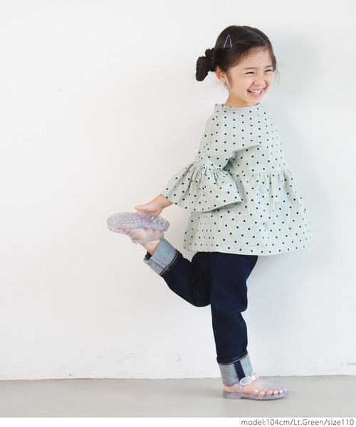 coca（coca）（コカ）の「キッズ ドット袖フリルウエスト切り替え5分袖トップス（シャツ/ブラウス・キッズ・ライトグリーン/アイボリー・100/110/120/130）」の9枚目の写真