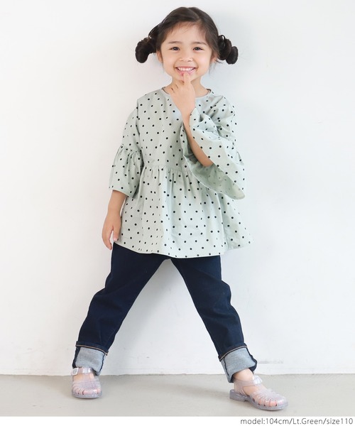 coca（coca）（コカ）の「キッズ ドット袖フリルウエスト切り替え5分袖トップス（シャツ/ブラウス・キッズ・ライトグリーン/アイボリー・100/110/120/130）」の11枚目の写真
