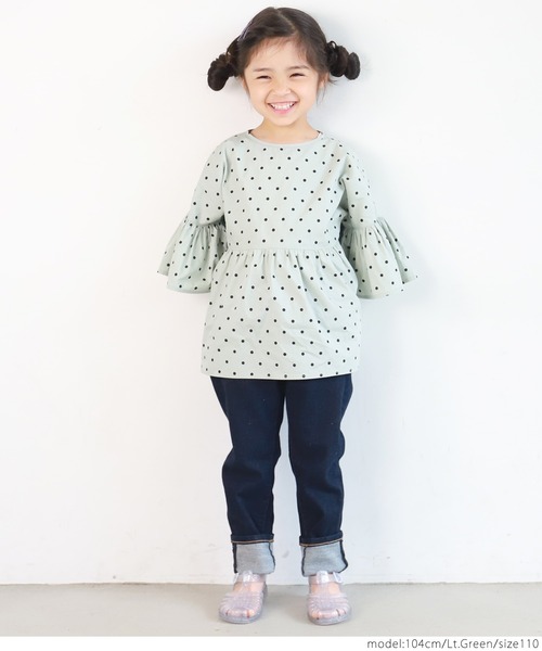 coca（coca）（コカ）の「キッズ ドット袖フリルウエスト切り替え5分袖トップス（シャツ/ブラウス・キッズ・ライトグリーン/アイボリー・100/110/120/130）」の13枚目の写真