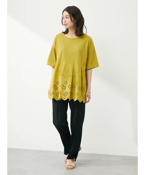 RAY CASSIN FAVORI(レイカズンフェバリ)の「・RAY CASSIN スカラップキリカエチュニック(Tシャツ/カットソー・レディース・イエロー/ブラック/オフホワイト/カーキ・FREE)」の5枚目の写真