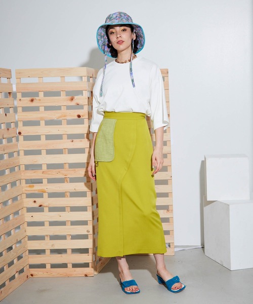 ShirtPassion　スカート　イタリア製　シワ加工　ペイント　黄　イエロー セール】Curving I-line Skirt | カービング アイライン