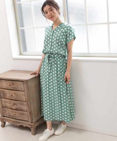 【極美品】ドレステリア シャツワンピース ロング ドット バンドカラー 36 極美品】ドレステリア シャツワンピース ロング ドット バンド