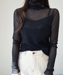メッシュチュールストライプトップス