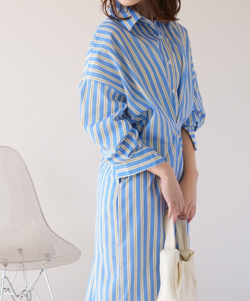 IAMUSE(アイアミューズ)の「ウエストマークマルチストライプシャツワンピース S0962【IAMUSE】(シャツワンピース・レディース・ブルー/パープル・FREE)」の1枚目の写真