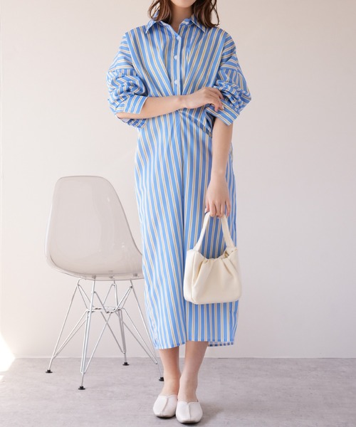 IAMUSE(アイアミューズ)の「ウエストマークマルチストライプシャツワンピース S0962【IAMUSE】(シャツワンピース・レディース・ブルー/パープル・FREE)」の3枚目の写真