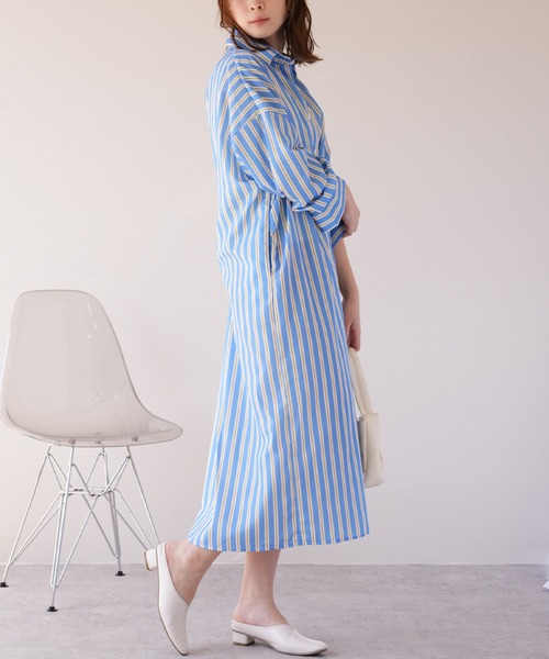 IAMUSE(アイアミューズ)の「ウエストマークマルチストライプシャツワンピース S0962【IAMUSE】(シャツワンピース・レディース・ブルー/パープル・FREE)」の4枚目の写真
