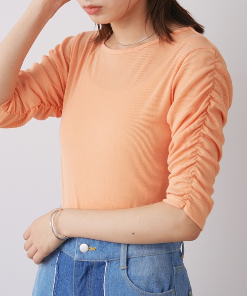 Kastane(カスタネ)の「【新色追加】リブシャーリング5分袖TEE(Tシャツ/カットソー・レディース・イエロー/ブラック/アイボリー/ブルー/オレンジ/サックスブルー・FREE)」の6枚目の写真
