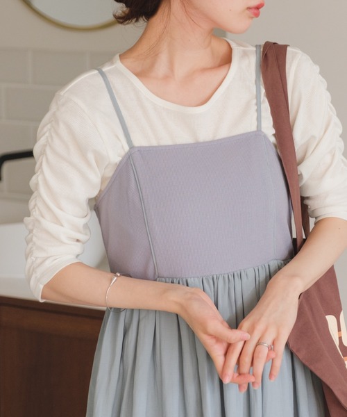 Kastane(カスタネ)の「【新色追加】リブシャーリング5分袖TEE(Tシャツ/カットソー・レディース・イエロー/ブラック/アイボリー/ブルー/オレンジ/サックスブルー・FREE)」の2枚目の写真