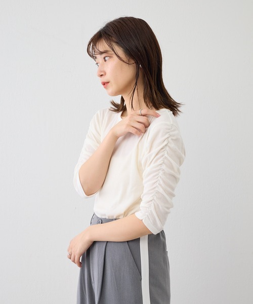 Kastane(カスタネ)の「【新色追加】リブシャーリング5分袖TEE(Tシャツ/カットソー・レディース・イエロー/ブラック/アイボリー/ブルー/オレンジ/サックスブルー・FREE)」の11枚目の写真