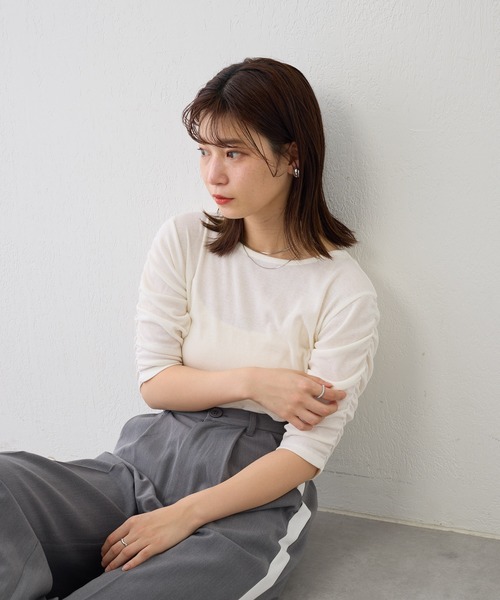 Kastane(カスタネ)の「【新色追加】リブシャーリング5分袖TEE(Tシャツ/カットソー・レディース・イエロー/ブラック/アイボリー/ブルー/オレンジ/サックスブルー・FREE)」の15枚目の写真
