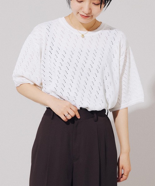 B.C STOCK(ベーセーストック)の「透かし編み ニットTシャツ(ニット/セーター・メンズ・イエロー/ベージュ/ホワイト・SMALL/LARGE/MEDIUM)」の6枚目の写真