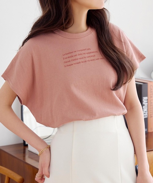 KOBE LETTUCE（コウベレタス）の「コットン100%選べるデザイン フレンチスリーブ刺繍Tシャツ（Tシャツ/カットソー・レディース・オフホワイト/モカ/イエロー/グリーン系/ピンク系/ホワイト×ブラック・FREE）」の6枚目の写真