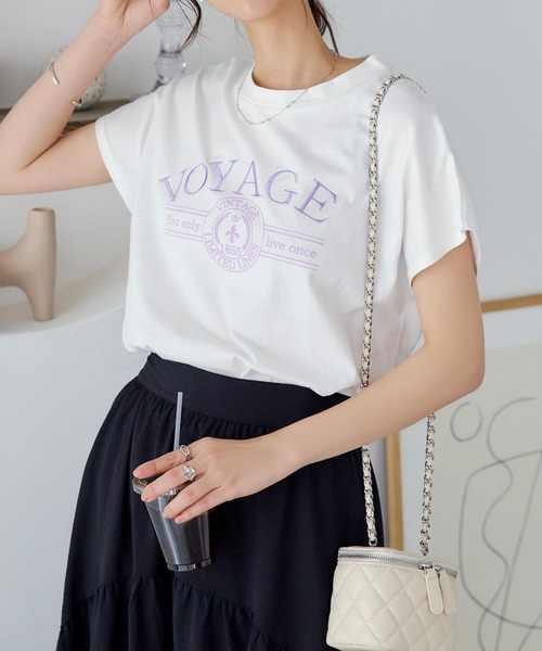 KOBE LETTUCE（コウベレタス）の「コットン100%選べるデザイン フレンチスリーブ刺繍Tシャツ（Tシャツ/カットソー・レディース・オフホワイト/モカ/イエロー/グリーン系/ピンク系/ホワイト×ブラック・FREE）」の2枚目の写真