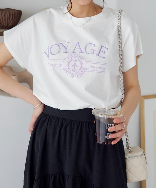KOBE LETTUCE（コウベレタス）の「コットン100%選べるデザイン フレンチスリーブ刺繍Tシャツ（Tシャツ/カットソー・レディース・オフホワイト/モカ/イエロー/グリーン系/ピンク系/ホワイト×ブラック・FREE）」の7枚目の写真