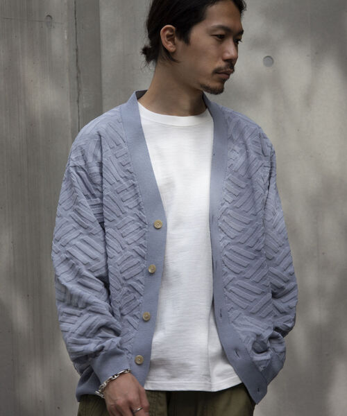 GLOSTER（グロスター）の「【GLOSTER/グロスター】リネンライク ジオメトリック柄カーディガン（カーディガン/ボレロ・メンズ・キナリ/ミント/サックスブルー・S/M/L）」の3枚目の写真