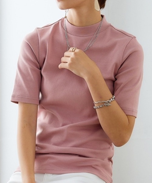 nissen（ニッセン）の「ＵＶカット綿１００％フライス素材プチハイネック５分袖Ｔシャツ（Tシャツ/カットソー・レディース・ブラック/ライトイエロー/ローズ/グリーン/ピンク/オフホワイト/ミント/ブルー/グレイッシュベージュ/カーキ・LL/L/S/M）」の9枚目の写真