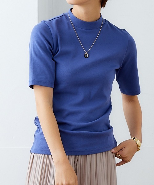 nissen（ニッセン）の「ＵＶカット綿１００％フライス素材プチハイネック５分袖Ｔシャツ（Tシャツ/カットソー・レディース・ブラック/ライトイエロー/ローズ/グリーン/ピンク/オフホワイト/ミント/ブルー/グレイッシュベージュ/カーキ・LL/L/S/M）」の7枚目の写真