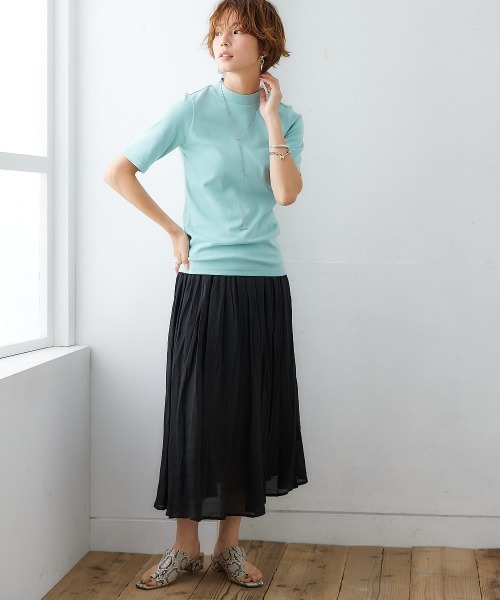 nissen（ニッセン）の「ＵＶカット綿１００％フライス素材プチハイネック５分袖Ｔシャツ（Tシャツ/カットソー・レディース・ブラック/ライトイエロー/ローズ/グリーン/ピンク/オフホワイト/ミント/ブルー/グレイッシュベージュ/カーキ・LL/L/S/M）」の22枚目の写真