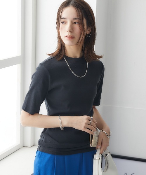 nissen（ニッセン）の「ＵＶカット綿１００％フライス素材プチハイネック５分袖Ｔシャツ（Tシャツ/カットソー・レディース・ブラック/ライトイエロー/ローズ/グリーン/ピンク/オフホワイト/ミント/ブルー/グレイッシュベージュ/カーキ・LL/L/S/M）」の11枚目の写真