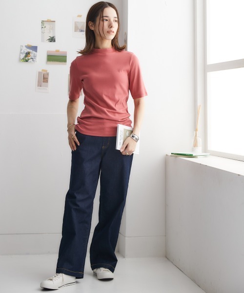 nissen（ニッセン）の「ＵＶカット綿１００％フライス素材プチハイネック５分袖Ｔシャツ（Tシャツ/カットソー・レディース・ブラック/ライトイエロー/ローズ/グリーン/ピンク/オフホワイト/ミント/ブルー/グレイッシュベージュ/カーキ・LL/L/S/M）」の19枚目の写真