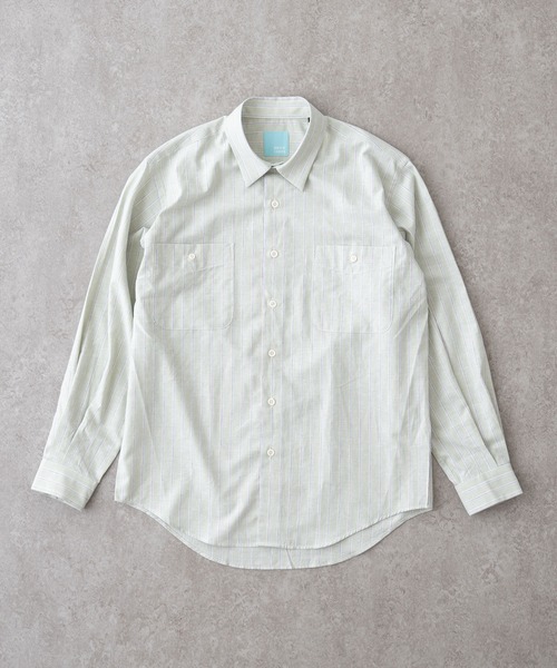 BRICK & SONS(ブリックアンドサンズ)の「リラックスダブルポケットシャツ<グリーンオレンジストライプ>(シャツ/ブラウス・メンズ・ライトグリーン・S/M/XS)」の1枚目の写真