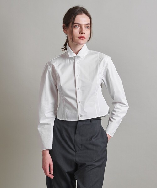 ゴーシュ *チェックブロードシャツ*2ネイビーホワイト長袖ブラウスコットン(33-2409-158) シャツ 白シャツ ホワイトシャツ 長袖 無地 春 白シャツ