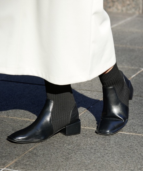 Chez toi（シェトワ）の「ニット切替ショートブーツ（ブーツ・レディース・ブラック/カーキ/ベージュ/オリーブ・S/M/L）」の2枚目の写真
