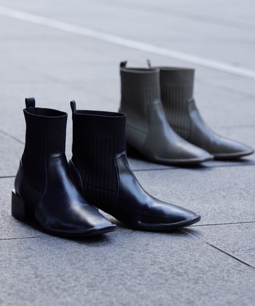 Chez toi（シェトワ）の「ニット切替ショートブーツ（ブーツ・レディース・ブラック/カーキ/ベージュ/オリーブ・S/M/L）」の6枚目の写真