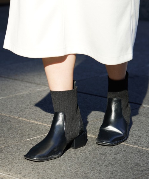 Chez toi（シェトワ）の「ニット切替ショートブーツ（ブーツ・レディース・ブラック/カーキ/ベージュ/オリーブ・S/M/L）」の8枚目の写真