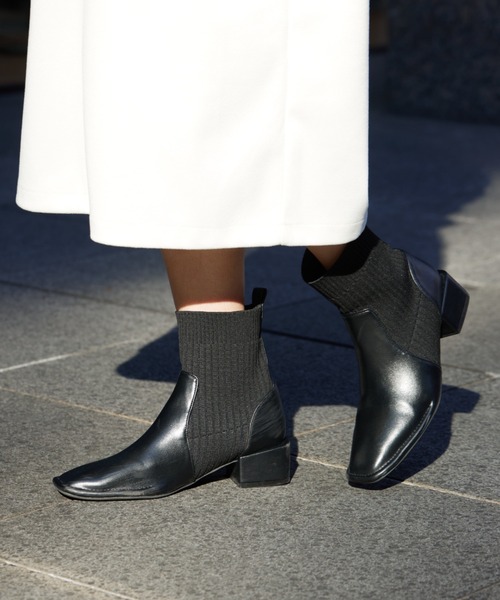 Chez toi（シェトワ）の「ニット切替ショートブーツ（ブーツ・レディース・ブラック/カーキ/ベージュ/オリーブ・S/M/L）」の9枚目の写真