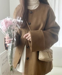 LAUIR | 袖折り返しノーカラーミドル丈コート(ノーカラーコート)