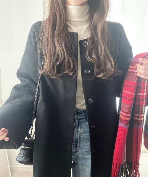 LAUIR（ラウアー）の「袖折り返しノーカラーミドル丈コート（ノーカラーコート・レディース・ライトベージュ/ブラック/ブラウン・MEDIUM/LARGE）」の8枚目の写真