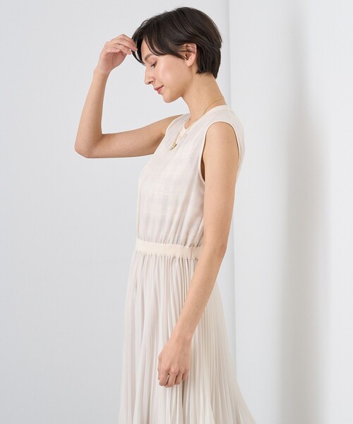 ANAYI サイドプリーツワンピース　ベージュ セール】チェックオーガン重ねプリーツワンピース（ワンピース