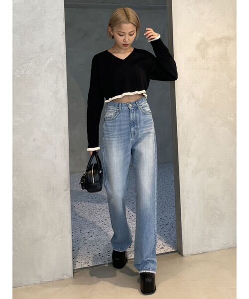 EMODA新作 フレアデニムパンツ ハイウエスト デニムブルー EMODA ジーンズ デニム デニムパンツ ハングリボンフレアハイ