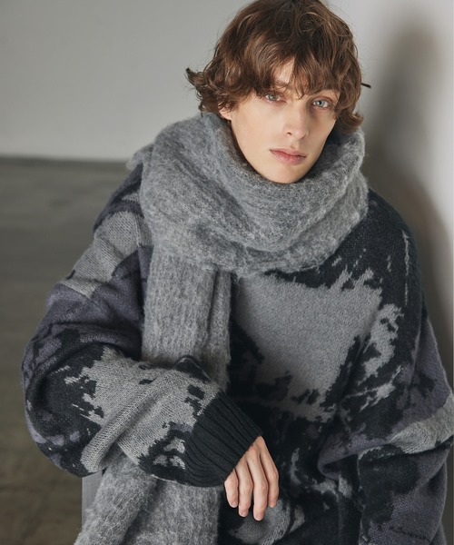 グレー系 パターン入り マフラー フリンジ付き~ リブ編みフリンジ