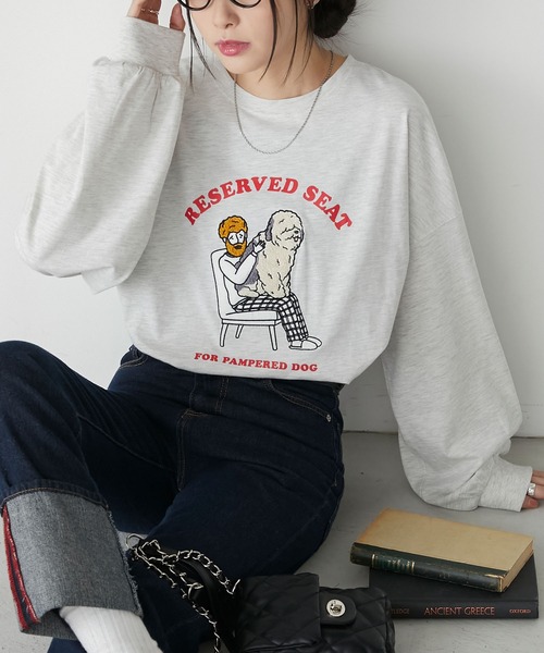 BONLECILL(ボンルシール)の「オジサン&DOGサガラ刺繍オーバーロンTEE(Tシャツ/カットソー・レディース・オートミール/ブルー/オフホワイト/ブラック・FREE)」の4枚目の写真