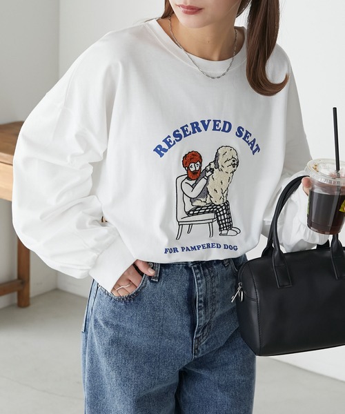 BONLECILL(ボンルシール)の「オジサン&DOGサガラ刺繍オーバーロンTEE(Tシャツ/カットソー・レディース・オートミール/ブルー/オフホワイト/ブラック・FREE)」の2枚目の写真