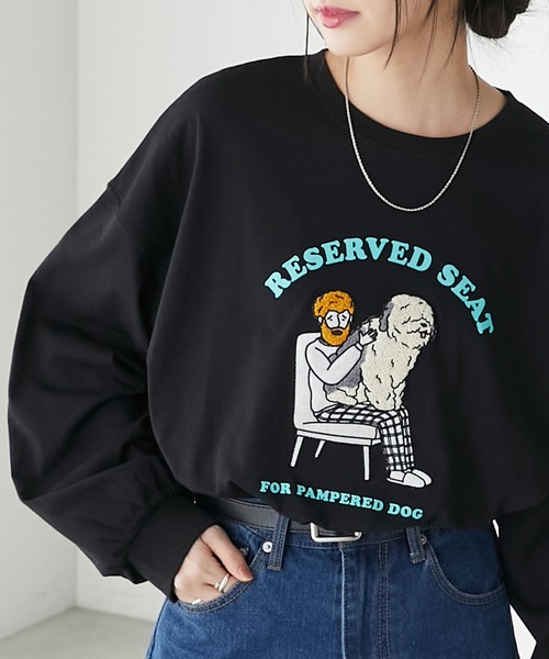 BONLECILL(ボンルシール)の「オジサン&DOGサガラ刺繍オーバーロンTEE(Tシャツ/カットソー・レディース・オートミール/ブルー/オフホワイト/ブラック・FREE)」の3枚目の写真