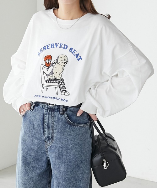 BONLECILL(ボンルシール)の「オジサン&DOGサガラ刺繍オーバーロンTEE(Tシャツ/カットソー・レディース・オートミール/ブルー/オフホワイト/ブラック・FREE)」の14枚目の写真